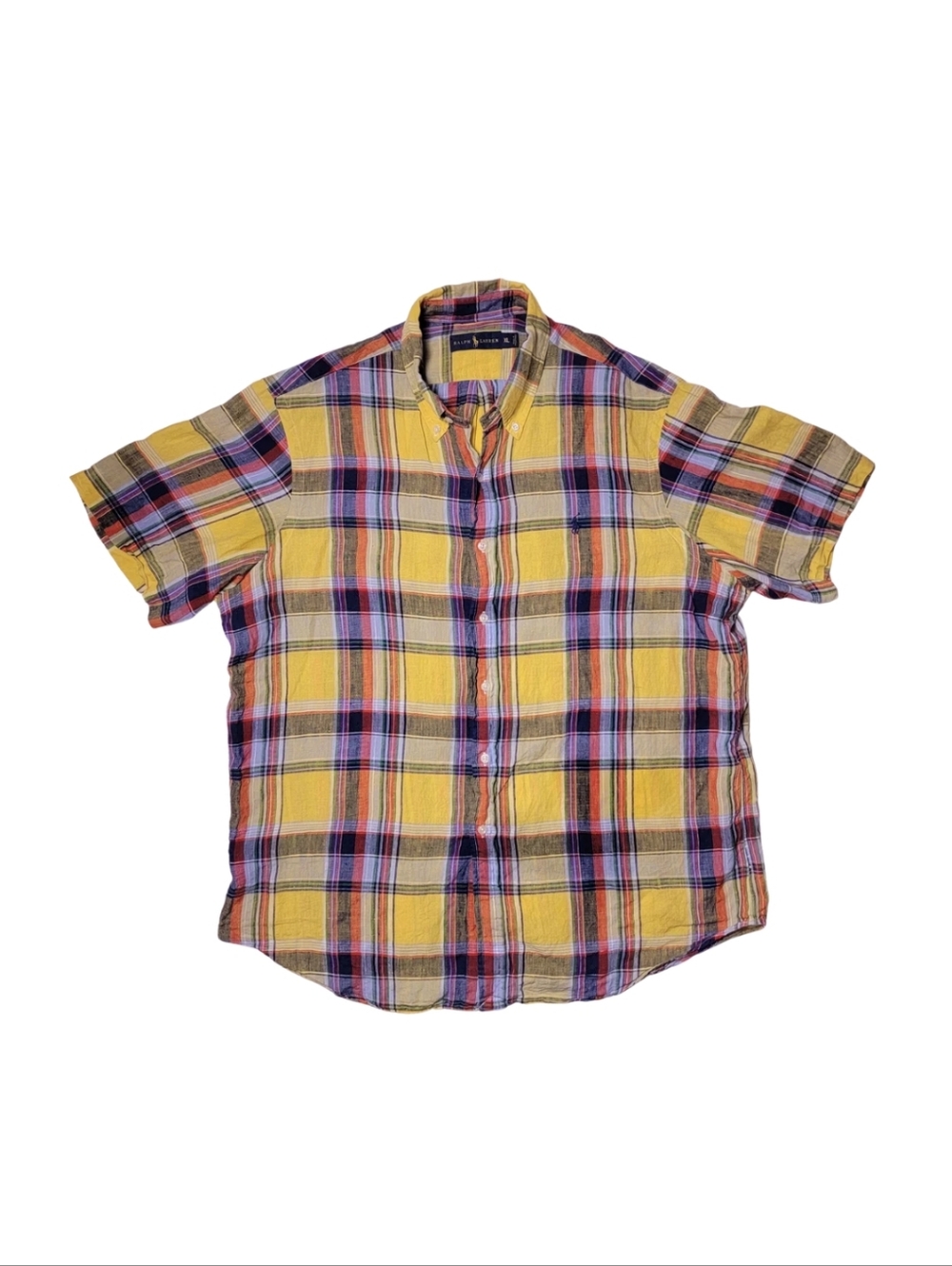 Ralph Lauren Yellow Madras Plaid 100% Linen Short Sleeve Button-Down Shirt XL - Picture 2 of 7